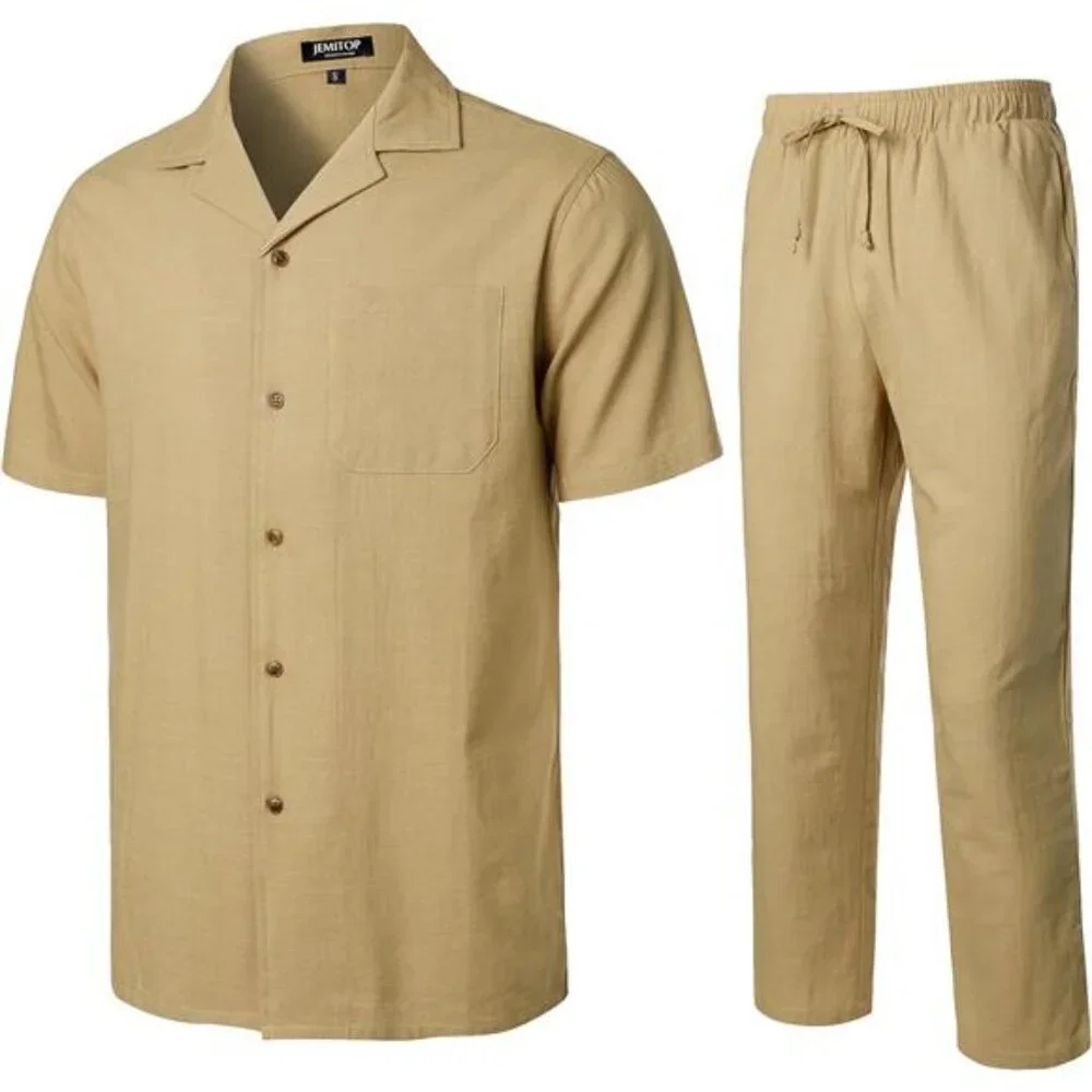 Men's 2 Piece Outfit Summer Relaxed Fit Casual Cuban Guayabera and Pants Set